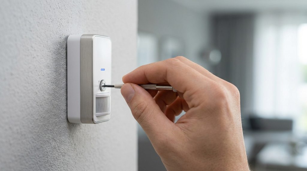 Une main utilise un tournevis de précision pour ajuster le réglage d'un détecteur de mouvement PIR fixé au mur.