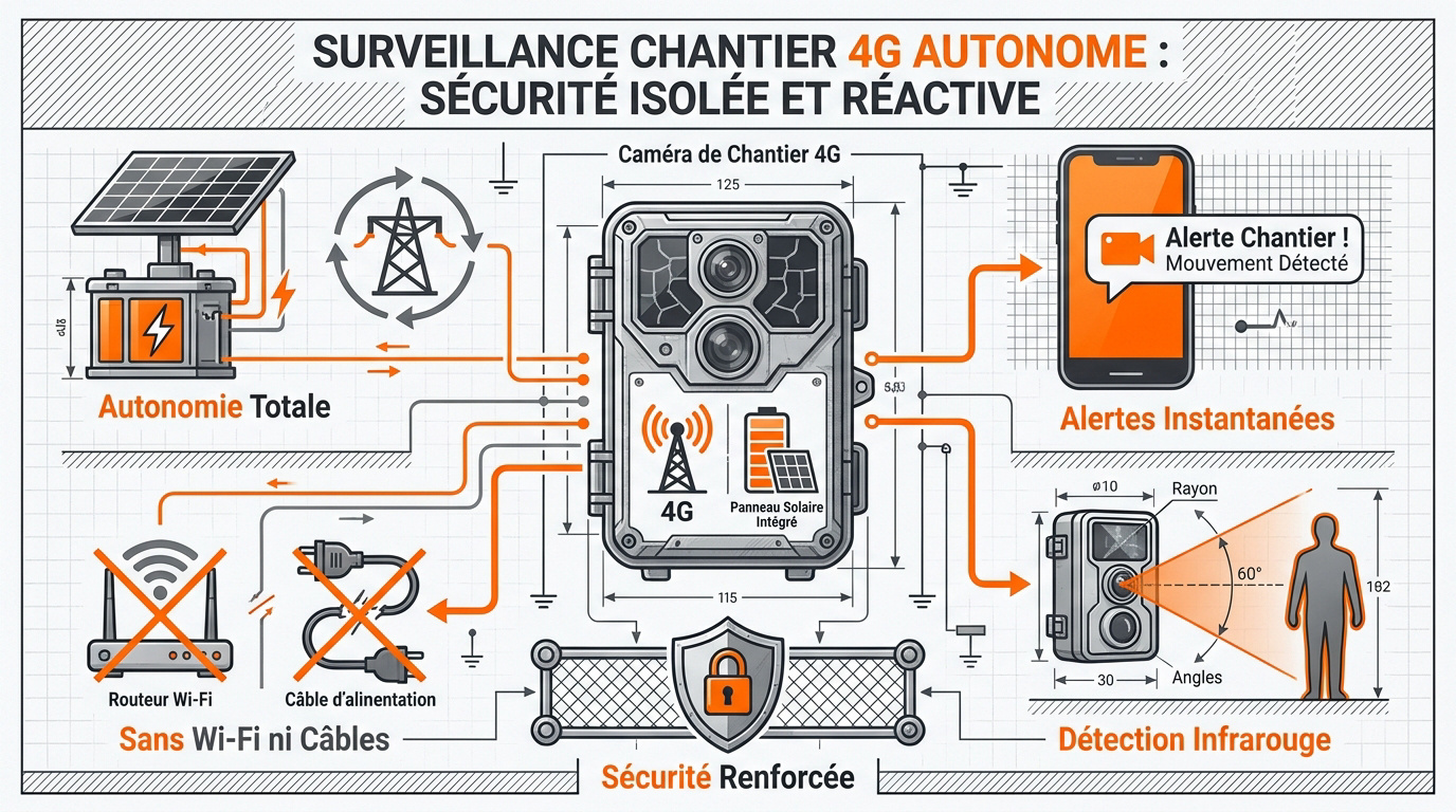 Caméra de chantier 4G autonome avec panneau solaire