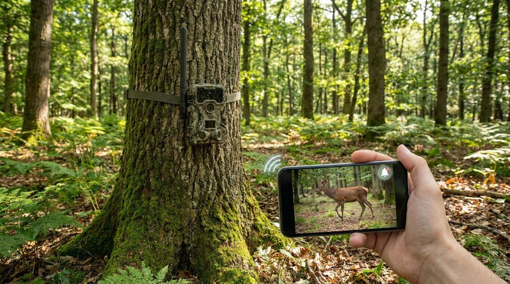 Une main tient un smartphone montrant une photo de cerf, avec une caméra de chasse connectée fixée à un arbre en arrière-plan.