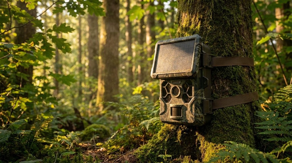 Piège photographique avec panneau solaire fixé à un arbre moussue dans une forêt baignée par la lumière du soleil.