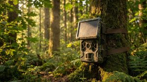 Piège photographique avec panneau solaire fixé à un arbre moussue dans une forêt baignée par la lumière du soleil.
