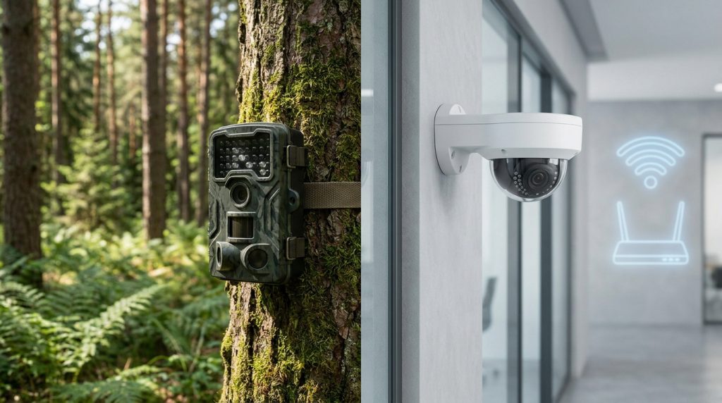 Comparatif visuel entre une caméra de chasse sur un arbre et une caméra IP connectée au Wi-Fi sur un mur.