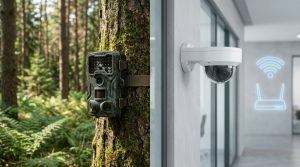 Comparatif visuel entre une caméra de chasse sur un arbre et une caméra IP connectée au Wi-Fi sur un mur.