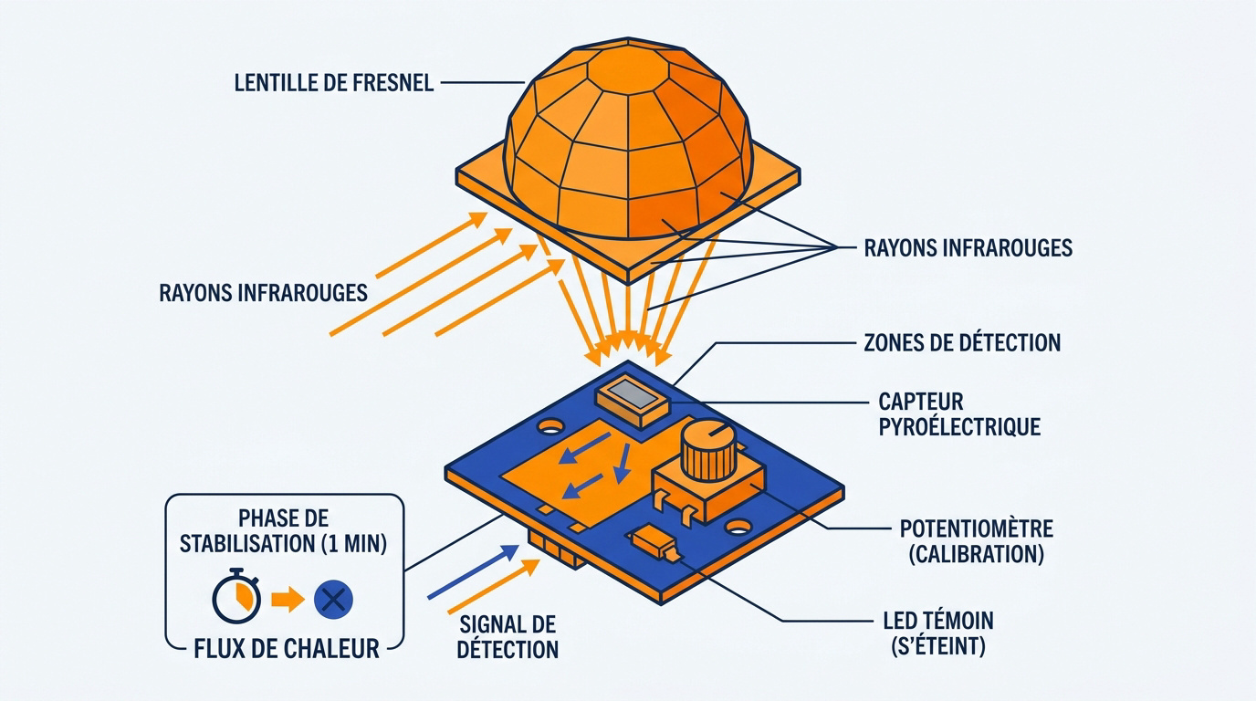 Vue éclatée technique du module capteur PIR