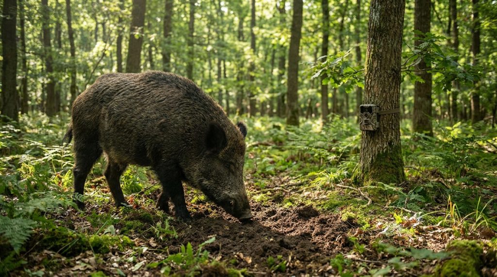 Un sanglier fouillant le sol d'une forêt dense, surveillé par une caméra fixée à un arbre à proximité.