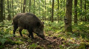 Un sanglier fouillant le sol d'une forêt dense, surveillé par une caméra fixée à un arbre à proximité.